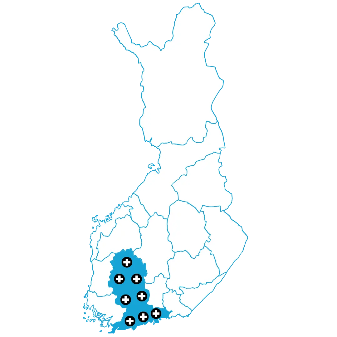 Kattoklinikan palvelualue kattotöille Pirkanmaan, Kantahämeen ja Uudenmaan alueilla.